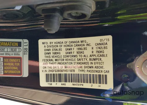 2015 Honda Civic Lx z USA, uszkodzony, nr VIN 2HGFG3B56FH511878